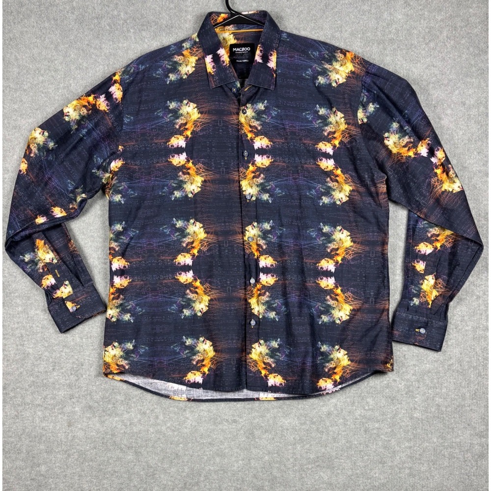Maceoo Italian Fabric Button Down Shirt Graphic Print Size 3XL Black Multicolor